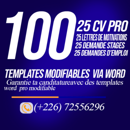 100 TEMPLATES MODIFIABLE (25 CV, 25 lettres de motivations,25 demdes de stage, 25 demndes d'emploi)