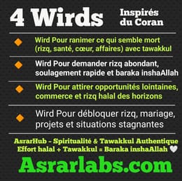 4 Wirds coranique Tawakkul : Rizq, Revivification, Ouverture, Baraka & Déblocage – Versets Quran