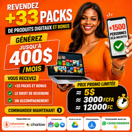 +33 PACKS DE PRODUITS DIGITAUX ET BONUS AVEC DROIT DE REVENTE