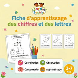 Fiche d'apprentissage des chiffres et des lettres.