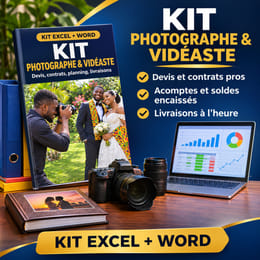 Kit Photographe et Vidéaste : devis, contrats, planning, livraisons (Excel + Word)