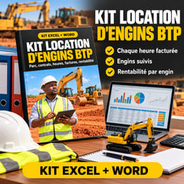 Kit Location d'Engins BTP : parc, contrats, heures, factures et rentabilité