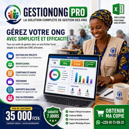 GestionONG Pro — Projets, Bénéficiaires, Bailleurs, Comptabilité OHADA dans 1 seul fichier Excel.