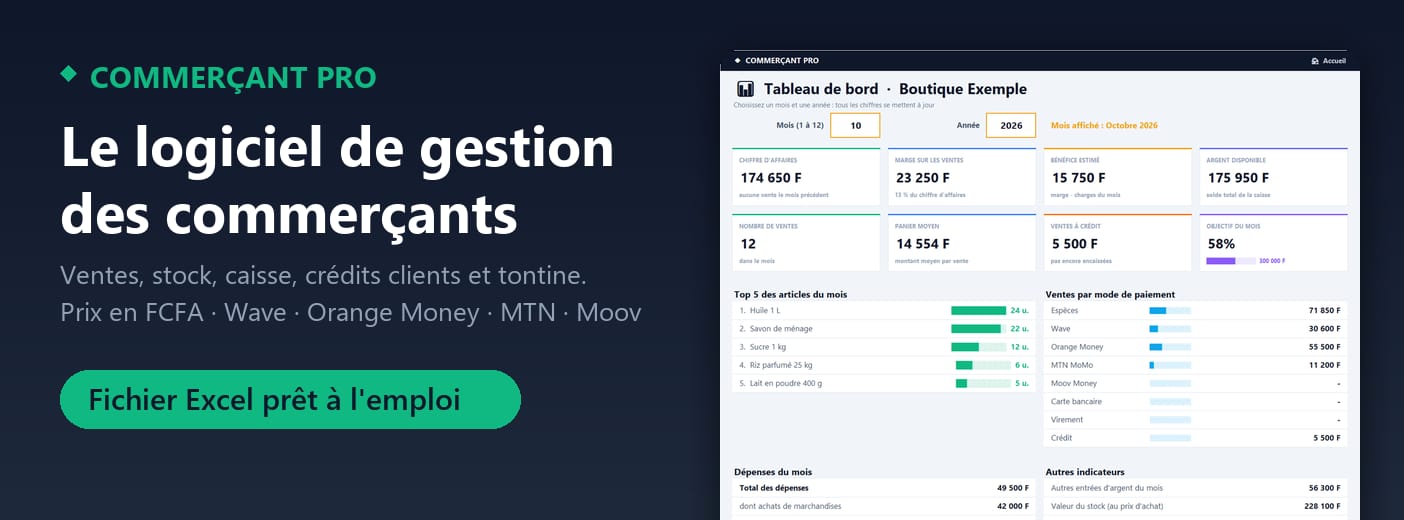 Commerçant Pro – Logiciel de gestion de boutique (Excel, FCFA)