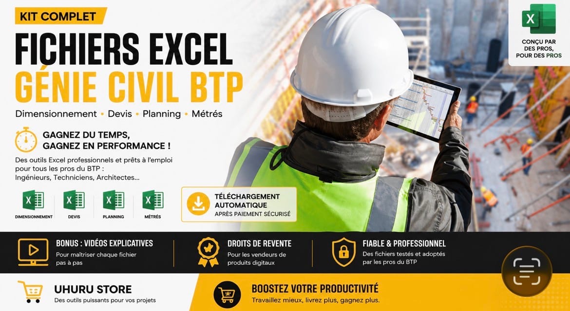 Kit Complet Fichiers Excel Génie Civil BTP: Dimensionnement Devis, Planning, Métrés Pros