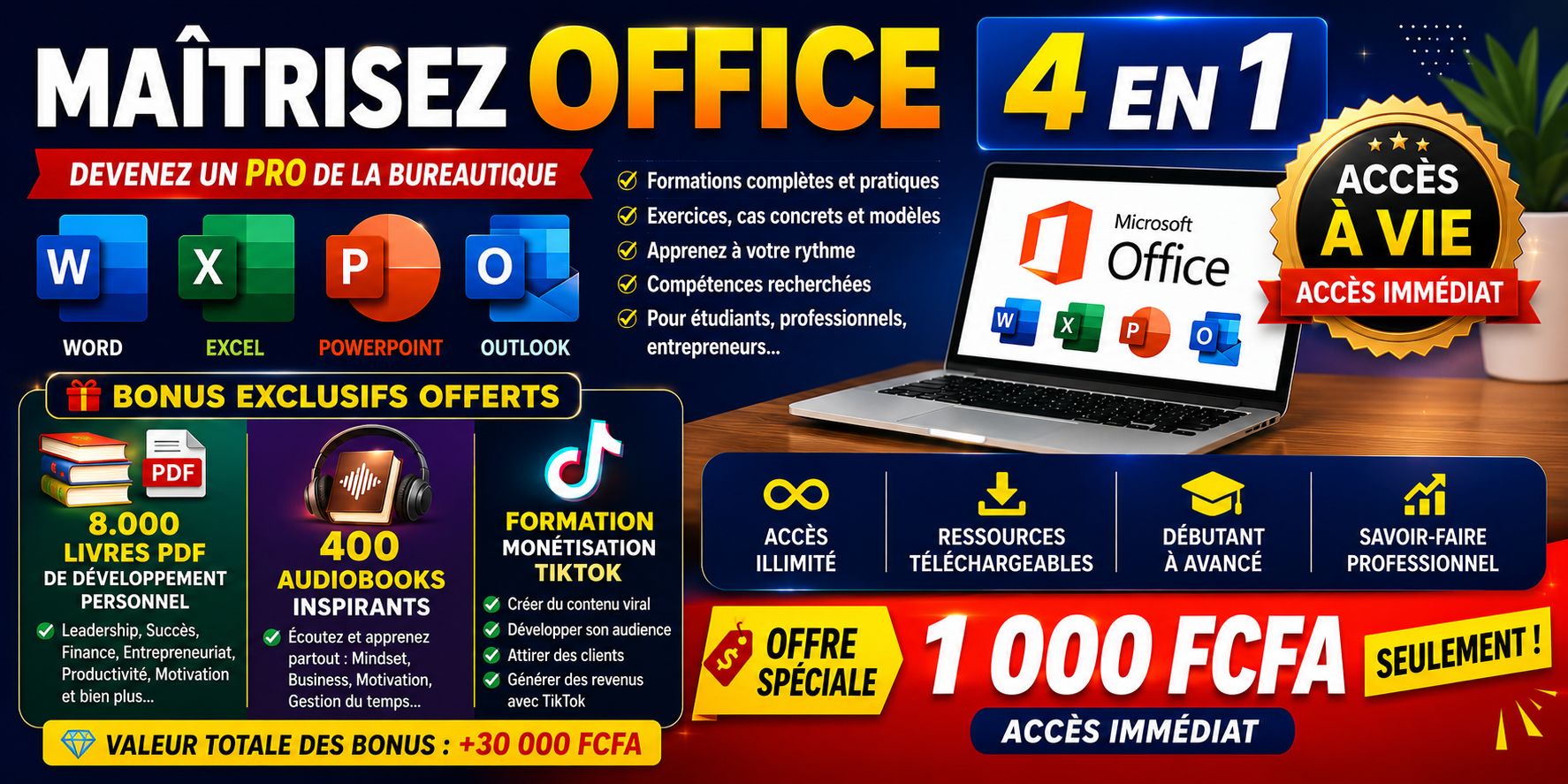Maîtrisez Office (4 en 1) : Word, Excel, PowerPoint, Outlook– Accès perpétuel