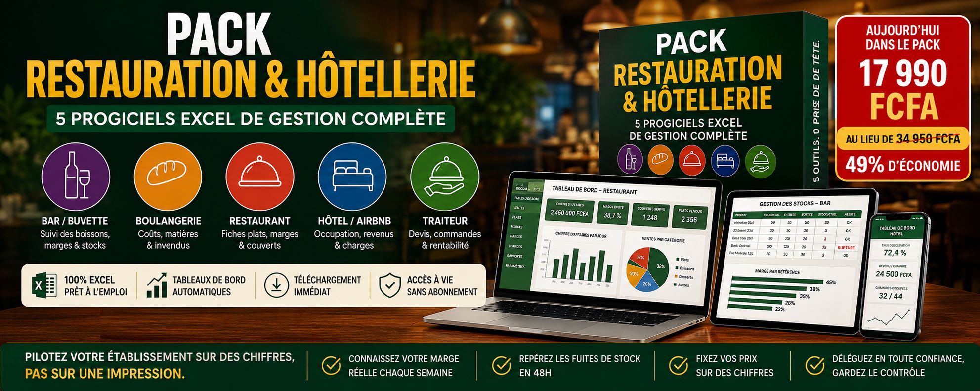PACK RESTAURATION & HÔTELLERIE — 5 Progiciels Excel de Gestion Complète
