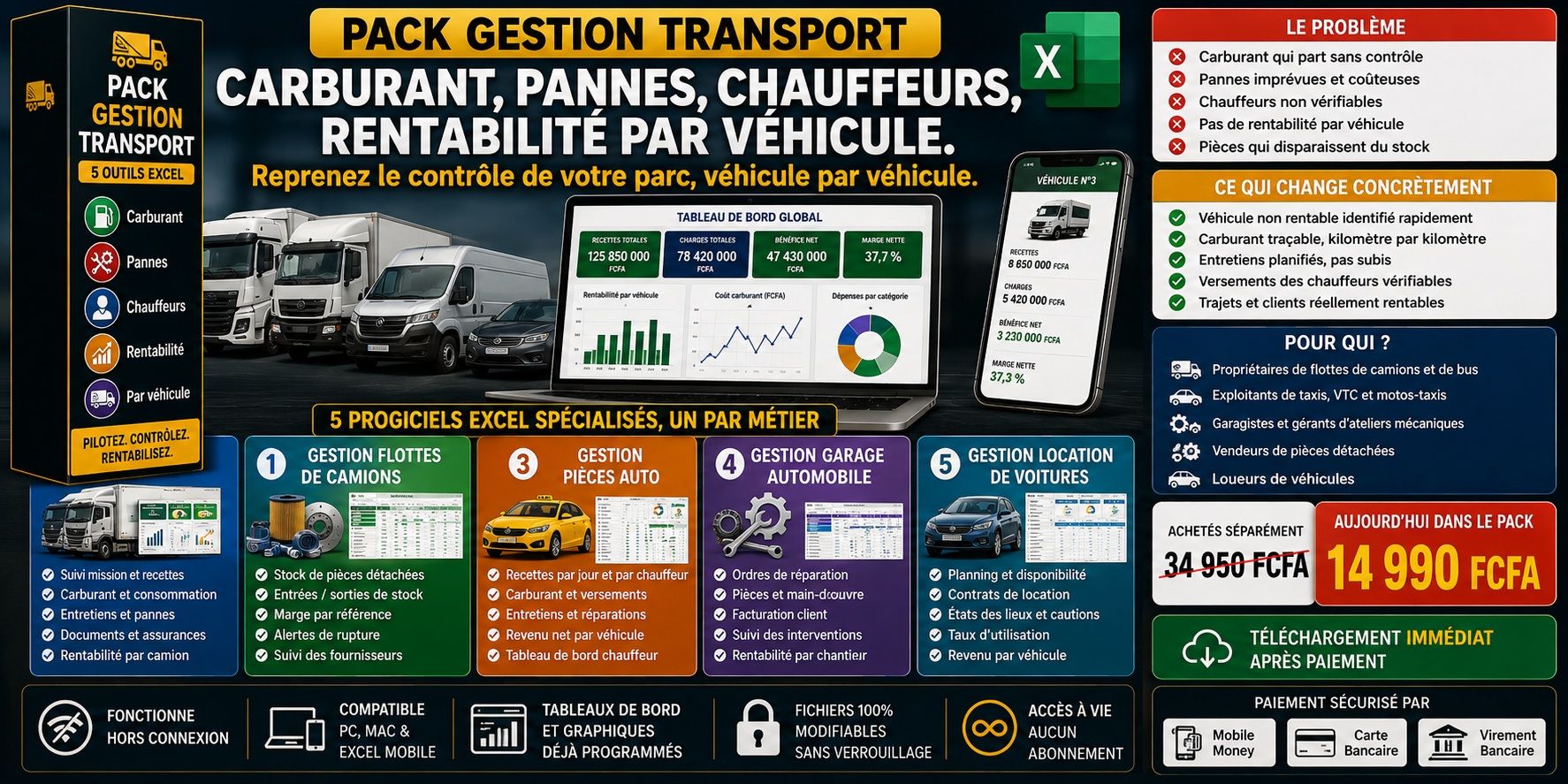 PACK TRANSPORT & AUTOMOBILE — 5 Progiciels Excel de Gestion de Flotte et d'Atelier