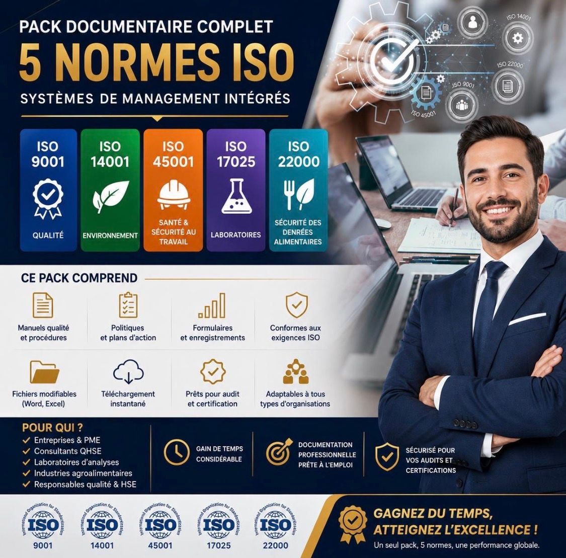 Pack ISO Complet | 05 normes ISO 2026 ( 9001, 14001, 45001, 17025, 22000) Modèles QHSE & Audits
