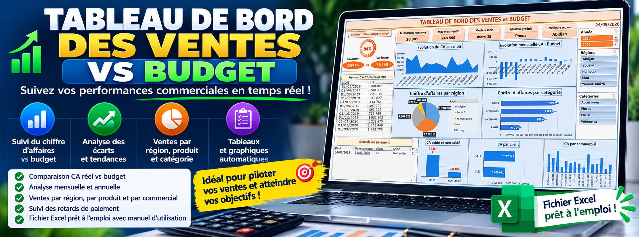 ableau de bord dynamique de ventes vs budget avec stats et prévisions