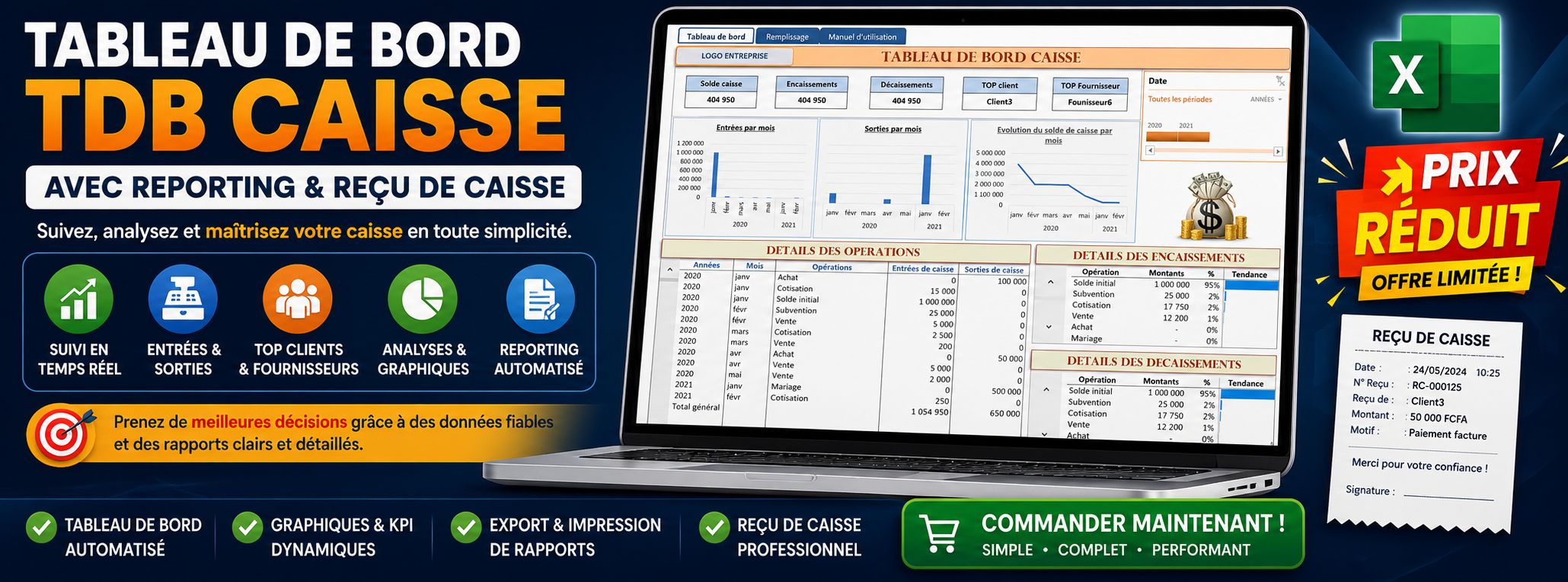 Tableau de bord caisse avec reporting et reçu de caisse
