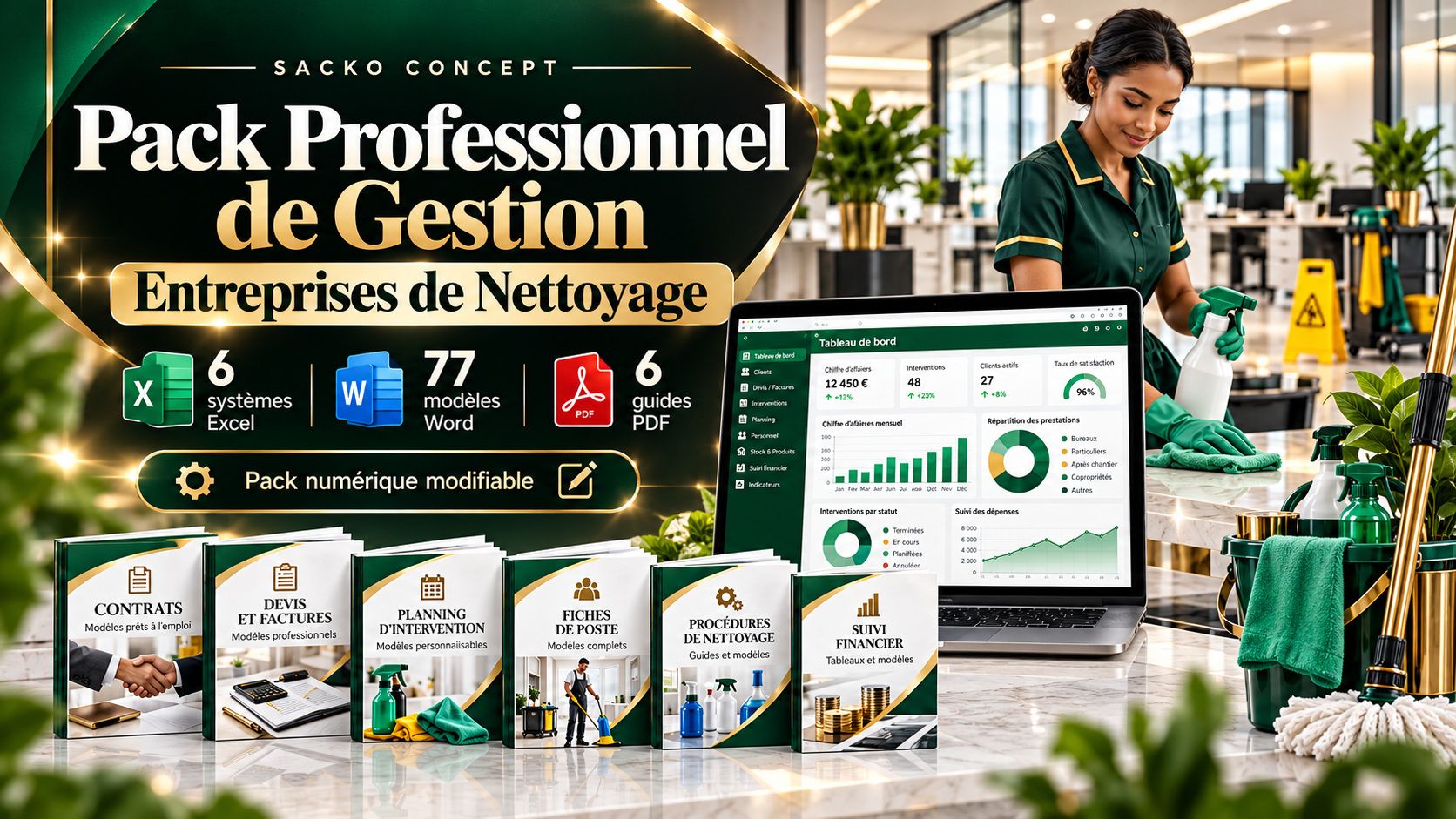Pack Professionnel de Gestion pour Entreprises de Nettoyage — 6 Excel + 77 Word + 6 Guides PDF