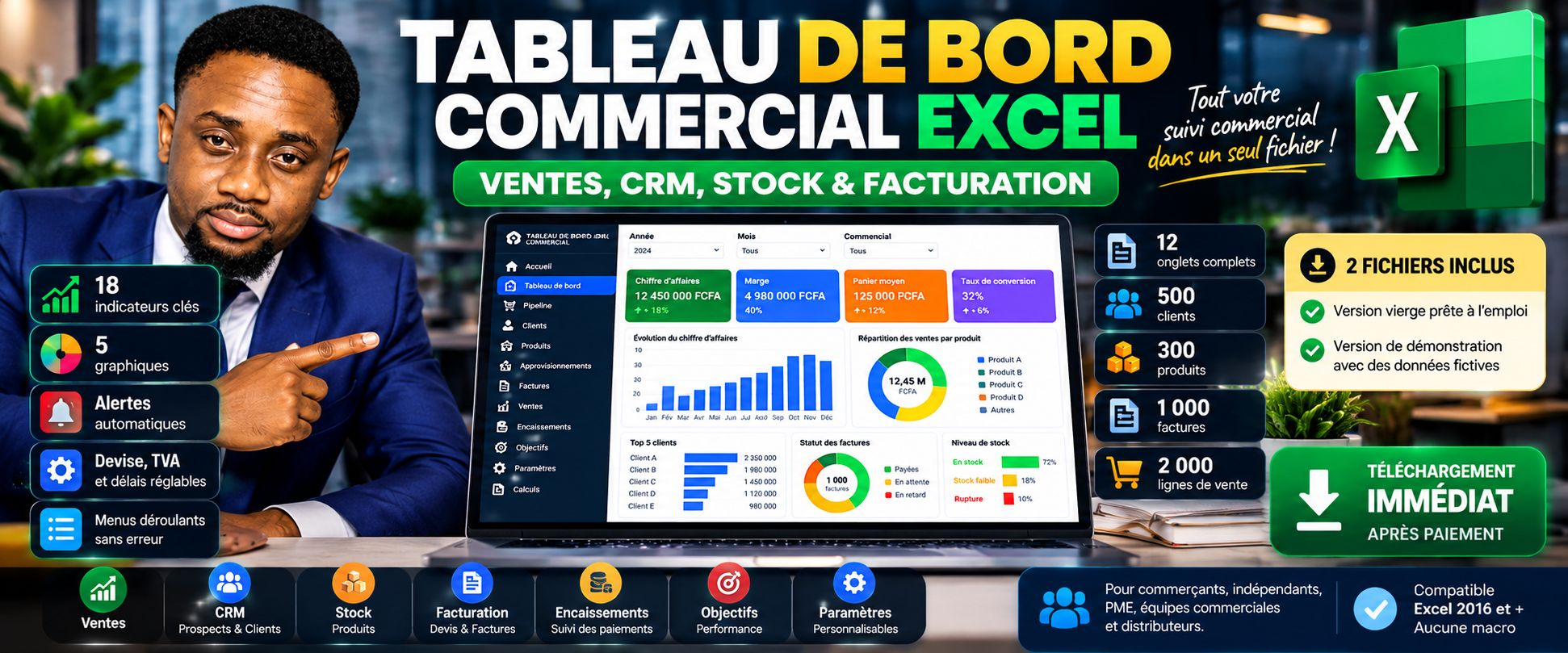 Tableau de bord commercial Excel : ventes, CRM, stock & facturation