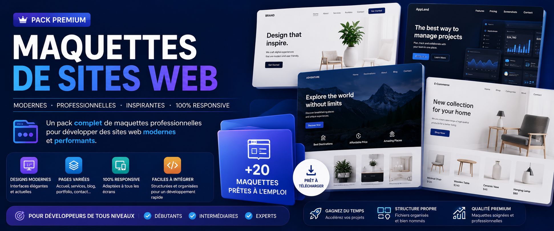 Maquettes Web : UI/UX prêtes, pour développeurs débutants à experts