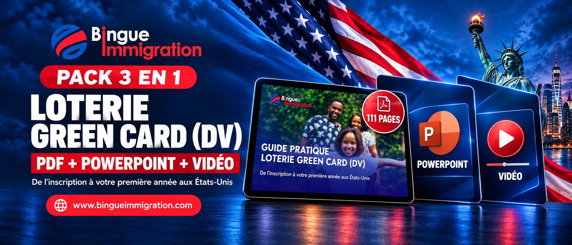 Pack 3 en 1 Loterie Green Card (DV) - Guide PDF + PowerPoint + Vidéo
