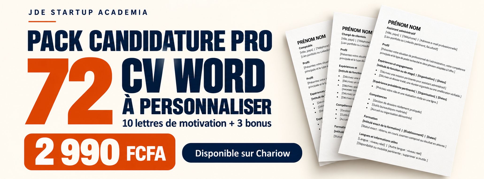 Pack Candidature Pro - 72 CV Word + 10 lettres + 3 bonus
