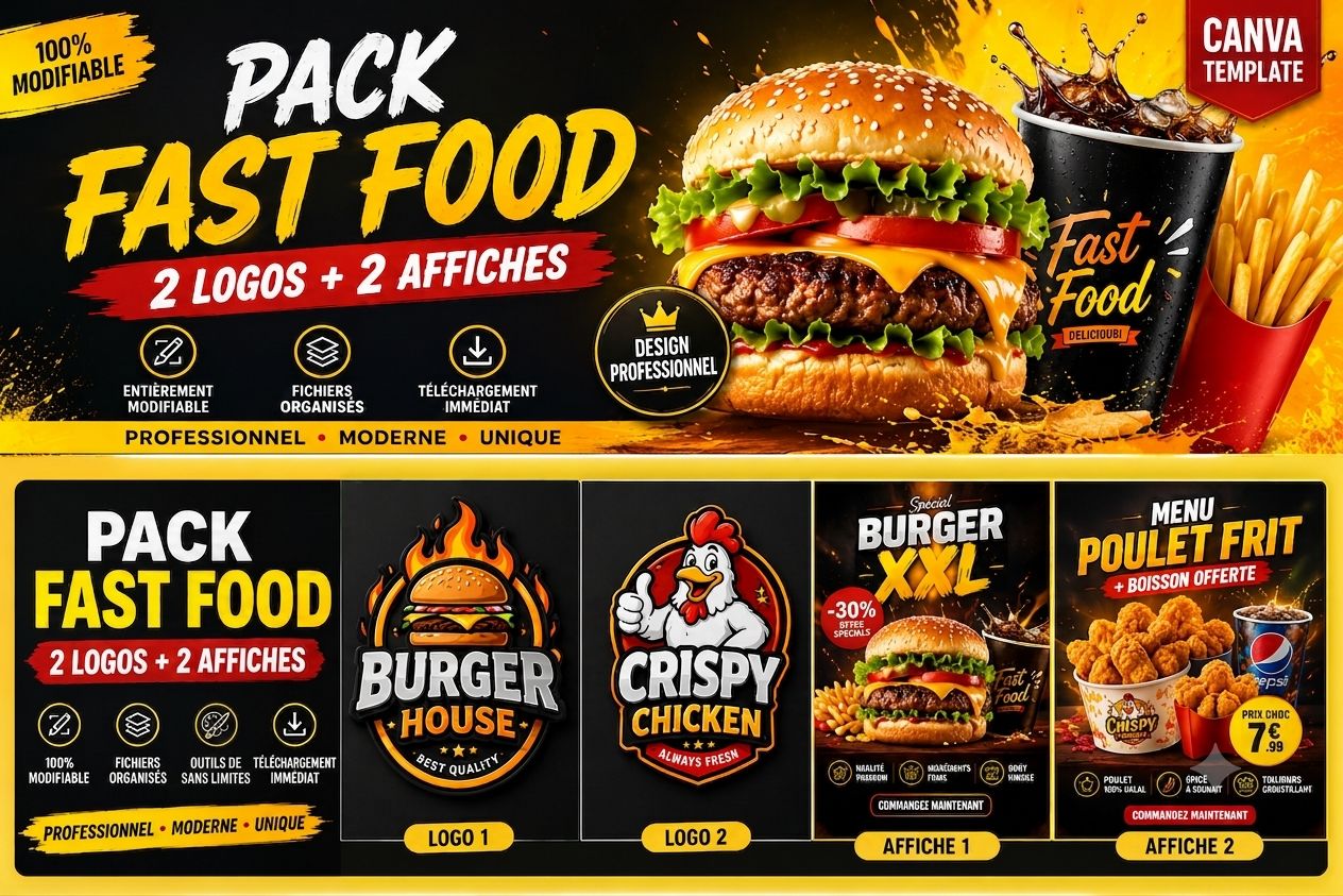 Pack Fast Food Branding – 2 Logos + 2 Affiches Modifiables