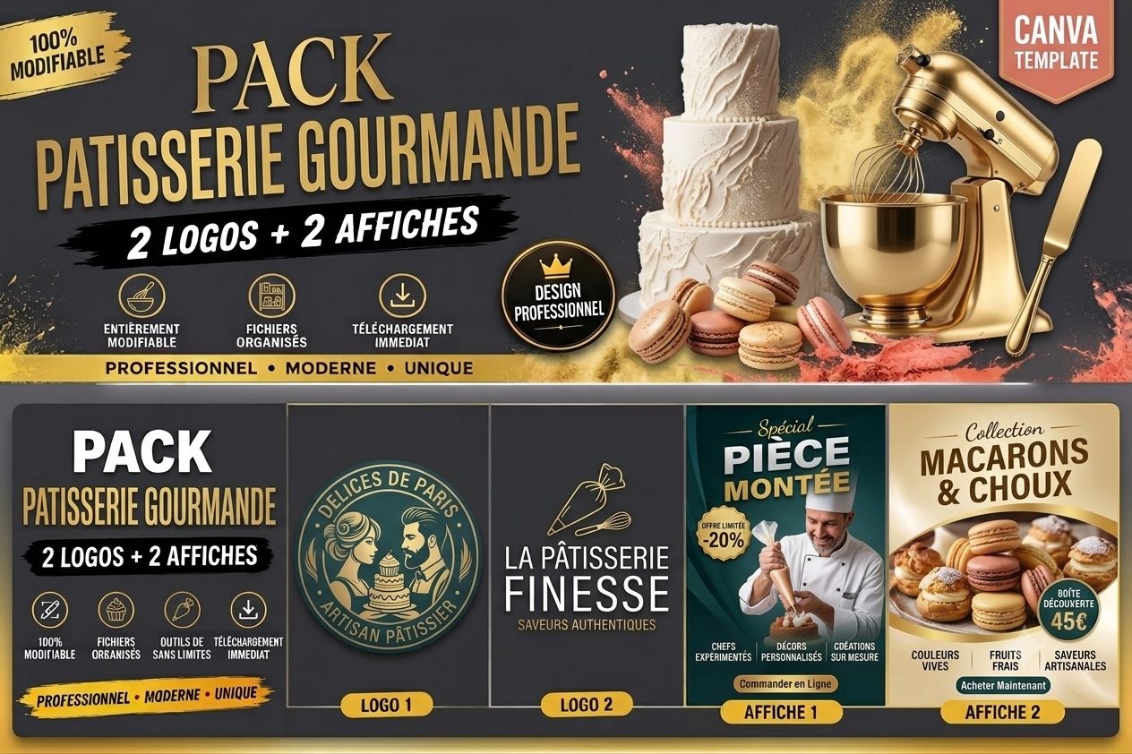 Pack Pâtisserie Branding – 2 Logos + 2 Affiches Modifiables