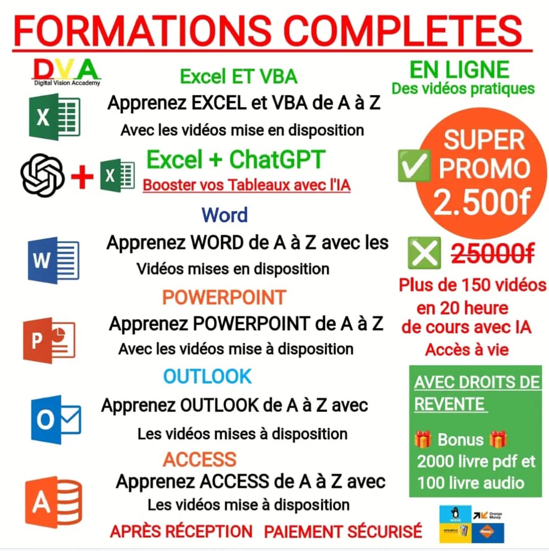 PACK DE FORMATION COMPLÈTE EN INFORMATIQUE MICROSOFT OFFICE ET IA