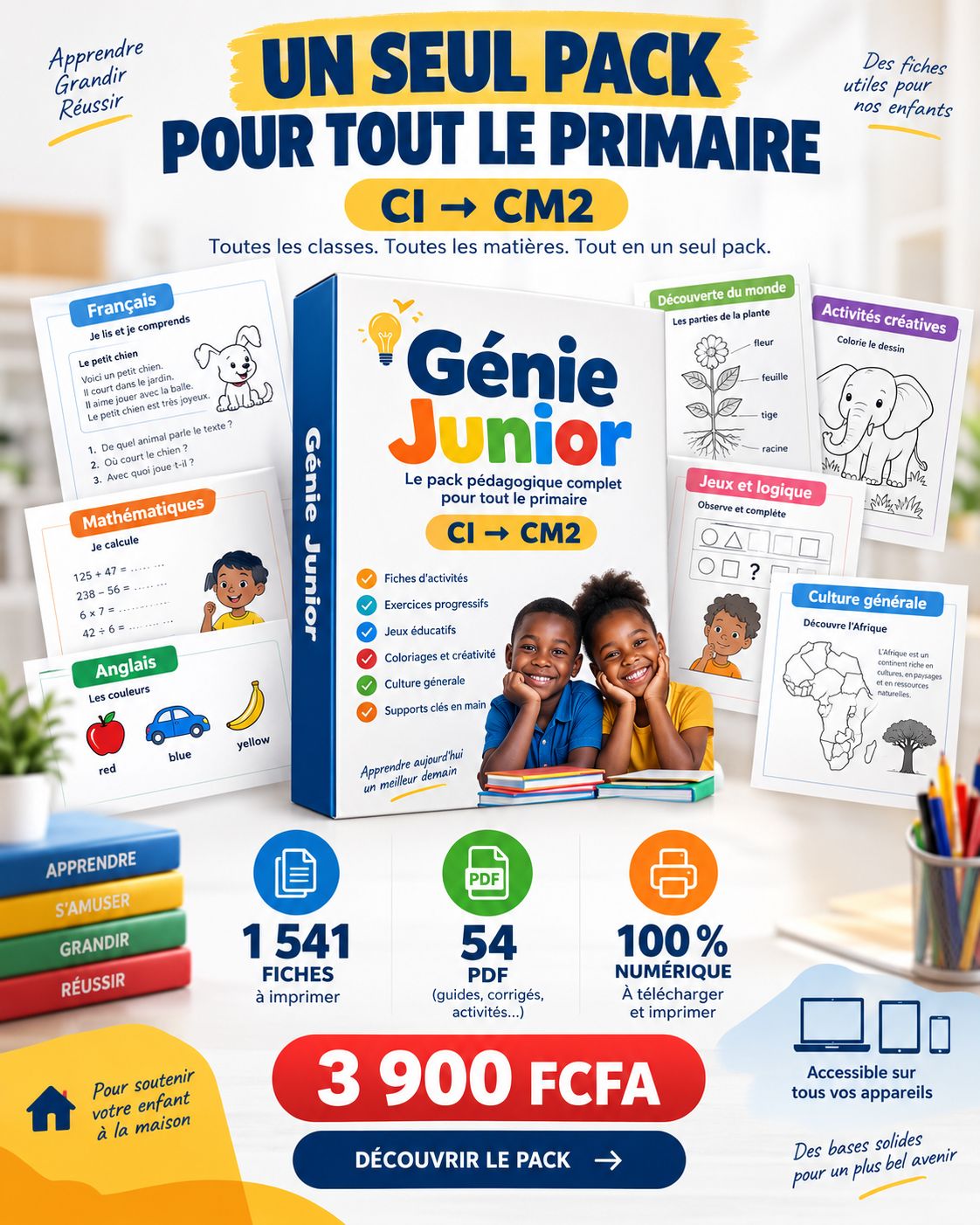 Génie Junior – Le pack complet de 1 541 fiches imprimables du CI au CM2