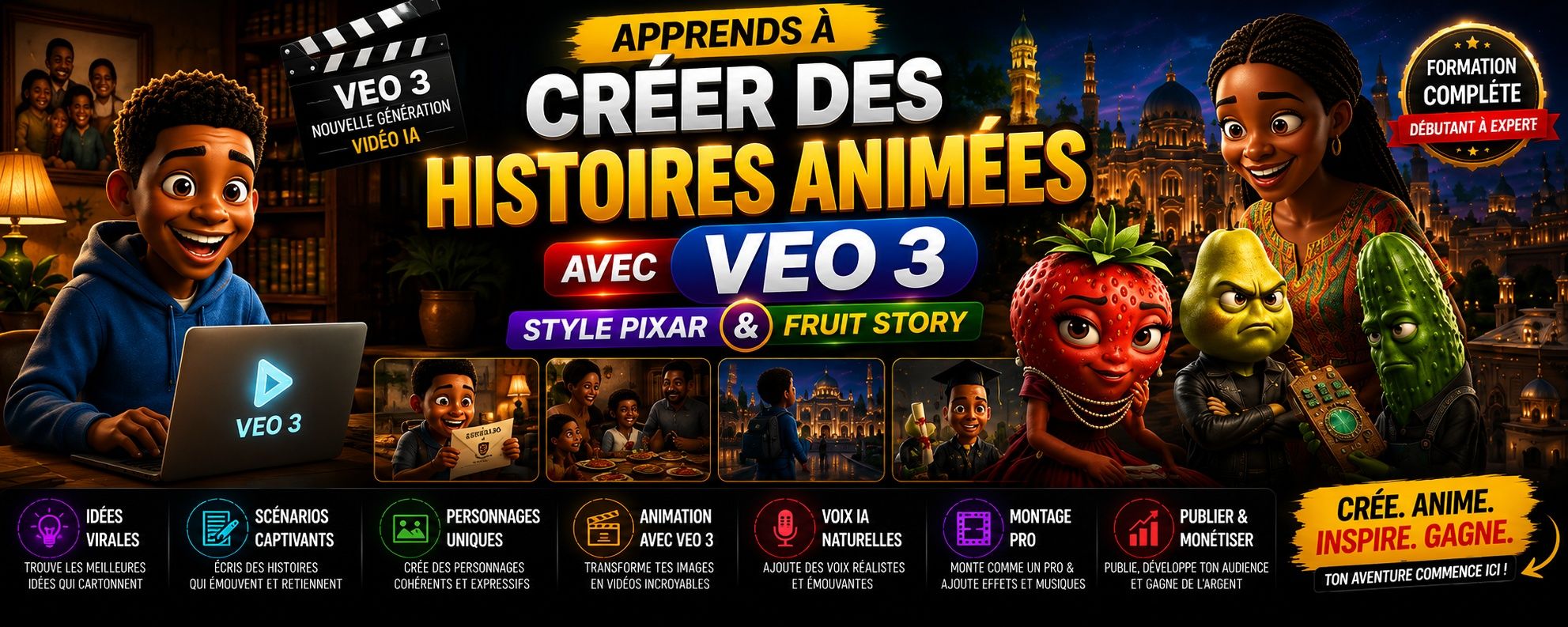 VEO 3 Masterclass – Crée des Histoires Animées Virales (Style Pixar & Fruit Story)