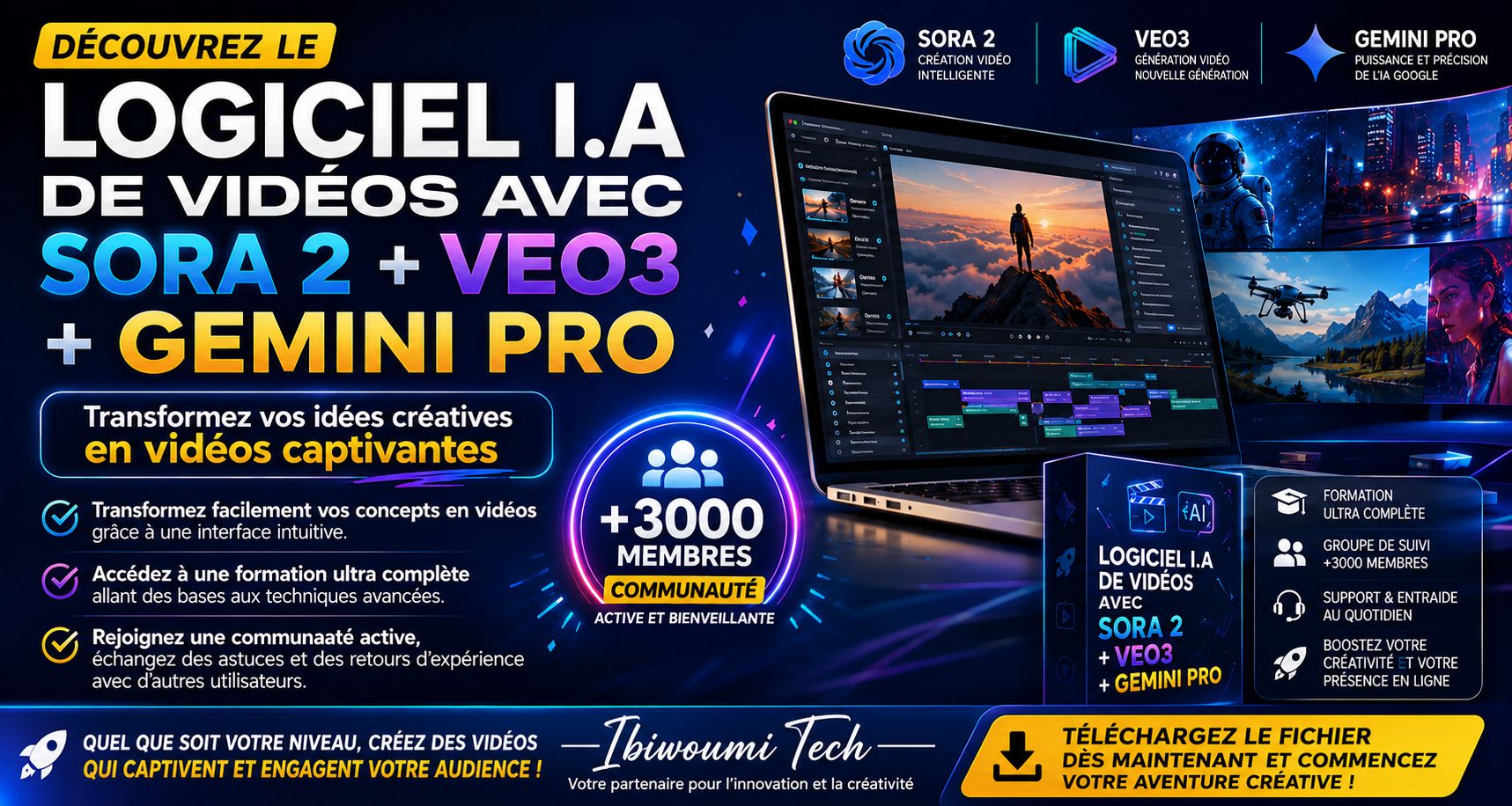 LOGICIEL I.A DE VIDÉOS AVEC SORA 2 +VEO3 + GEMINI PRO + FORMATION + GROUPE DE SUIVIS (+3000 inscrit)