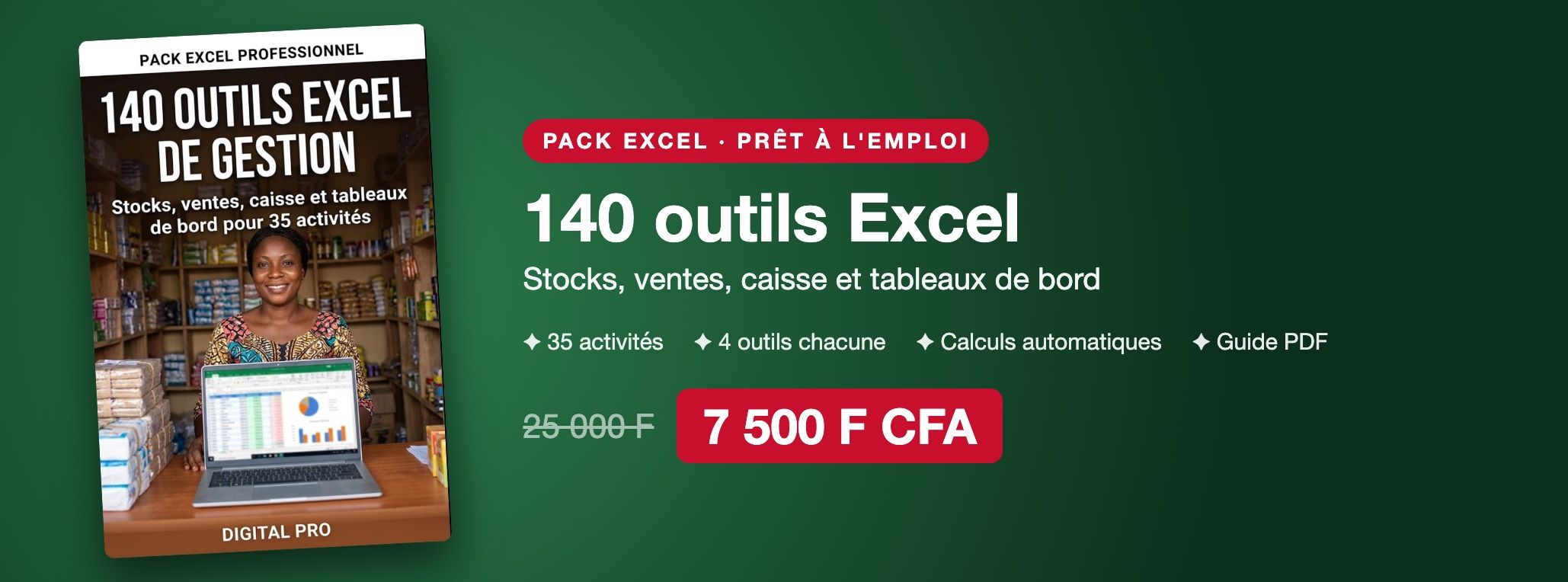 Pack 140 outils Excel de gestion : stocks, ventes, caisse et tableaux de bord pour 35 activités