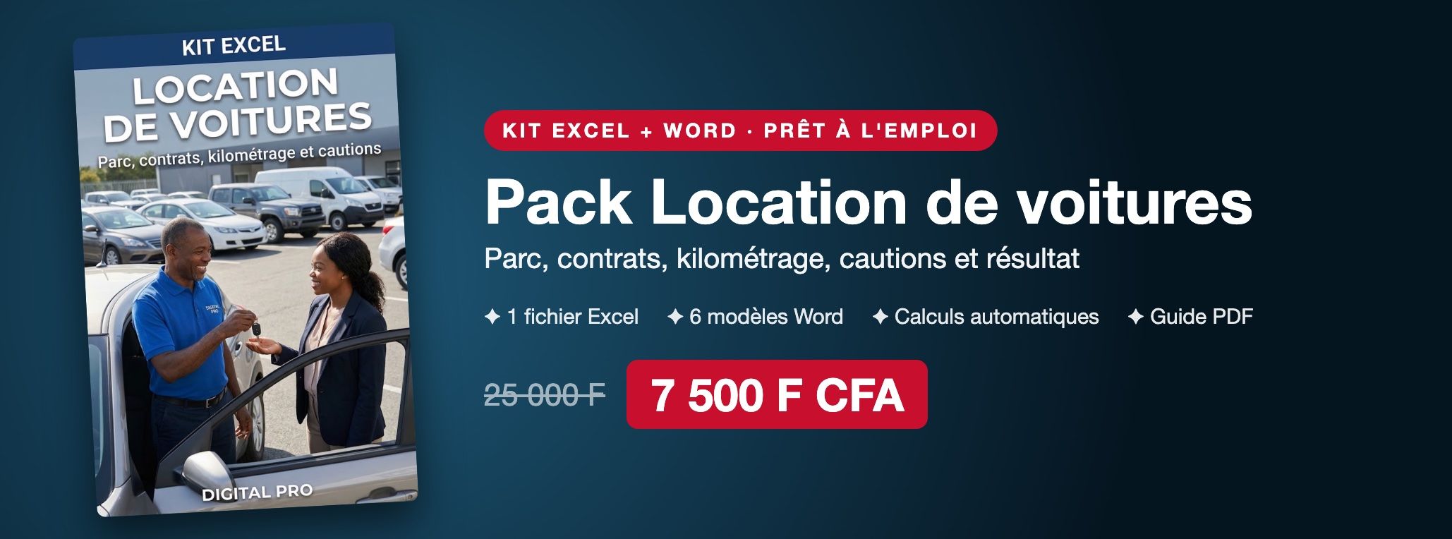 Pack Gestion Location de voitures : parc, contrats, kilométrage, cautions et résultat sur Excel