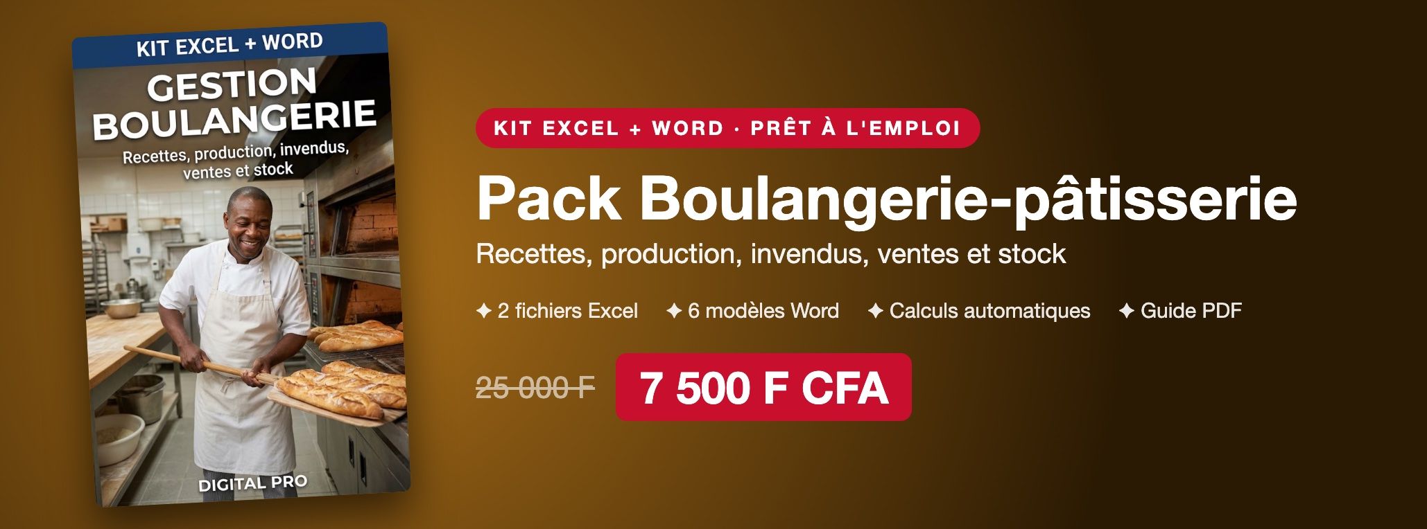 Pack Gestion Boulangerie-pâtisserie : recettes, production, invendus, ventes et stock sur Excel