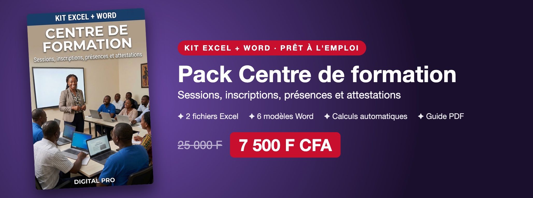Pack Centre de formation : sessions, inscriptions, présences, attestations et paiements sur Excel