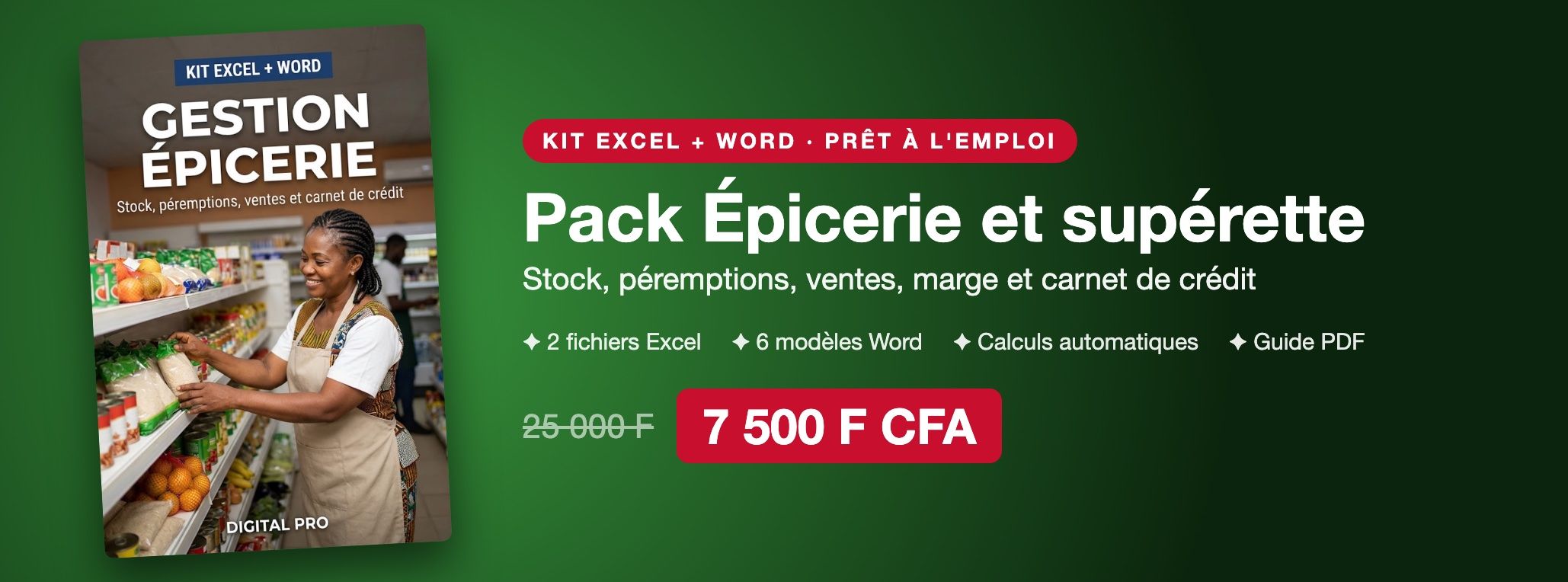 Pack Épicerie et supérette : stock, péremptions, ventes, marge et carnet de crédit sur Excel