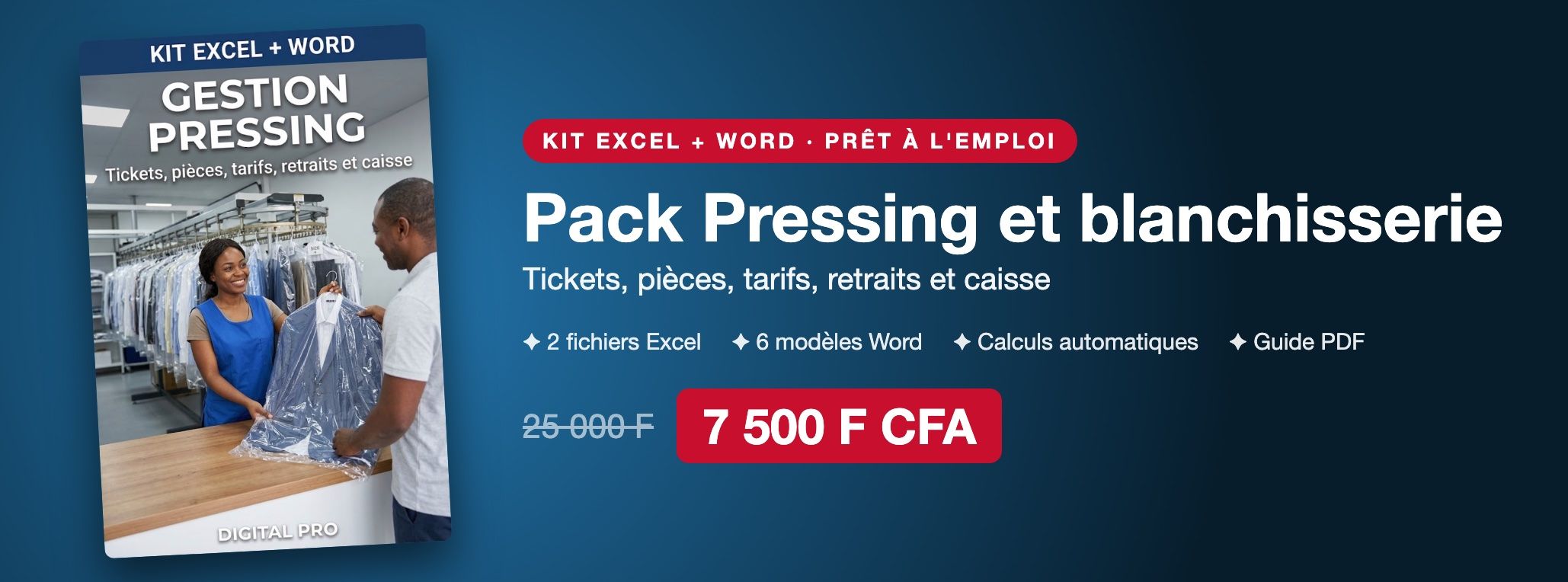 Pack Gestion Pressing : tickets, pièces, tarifs, retraits et caisse sur Excel