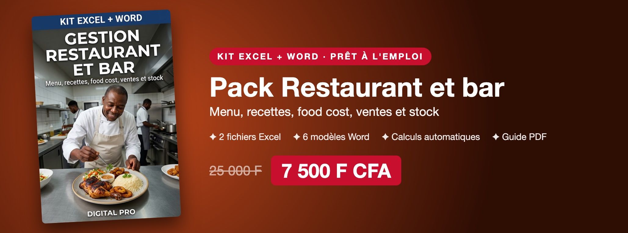 Pack Gestion Restaurant et bar : menu, recettes, food cost, ventes et stock sur Excel