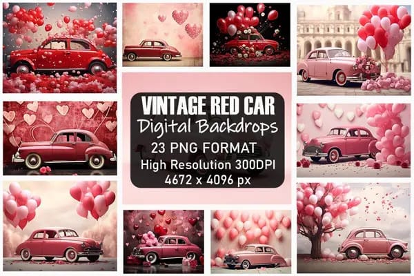 8 Ensemble de décors de Saint-Valentin vintage avec voiture rouge