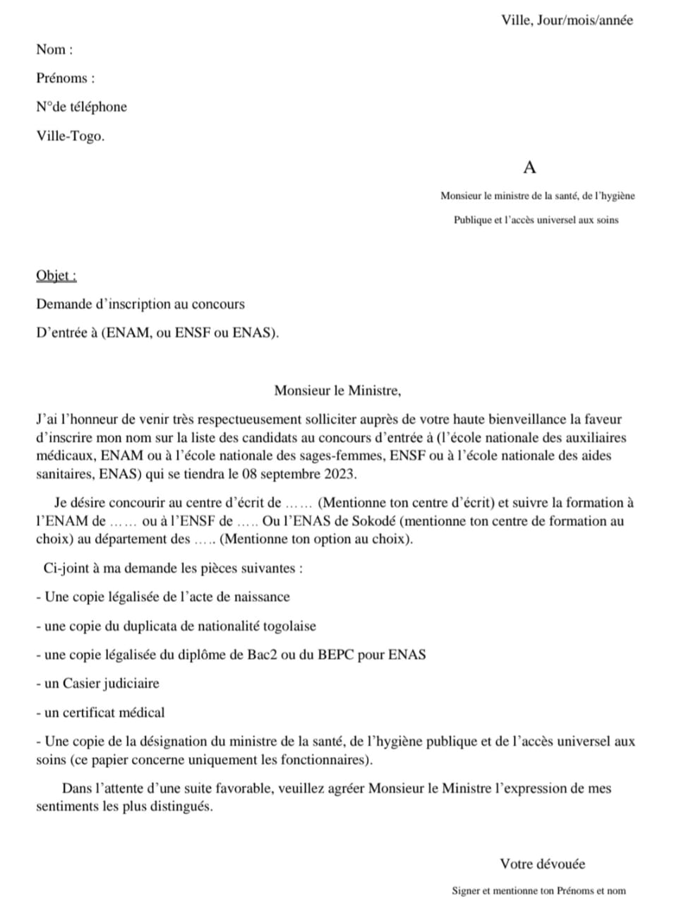 Lettre de candidature ENAM ENFS ENAS 2026