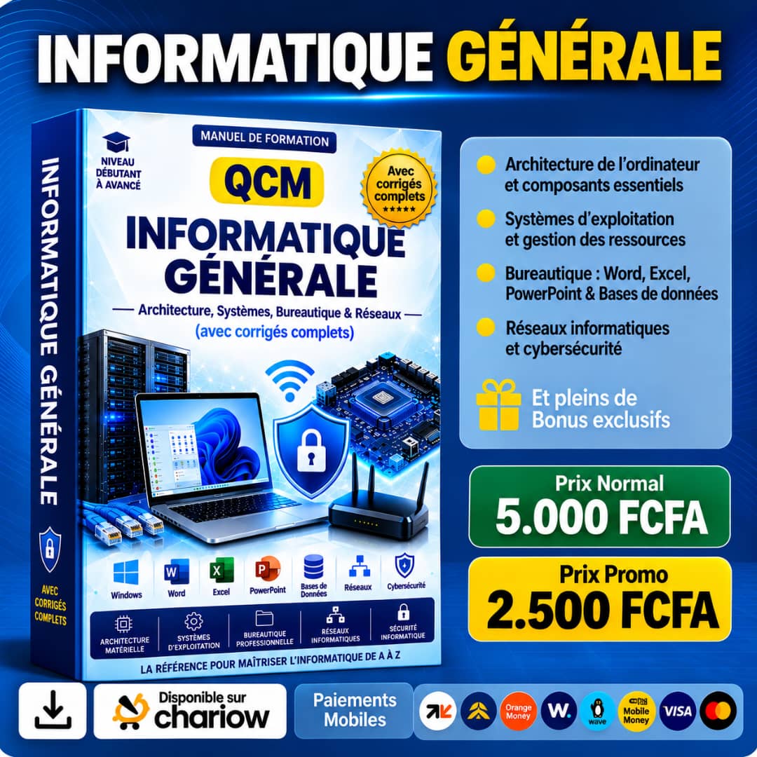 QCM Informatique Générale — Architecture, Systèmes, Bureautique & Réseaux (avec corrigés complets)