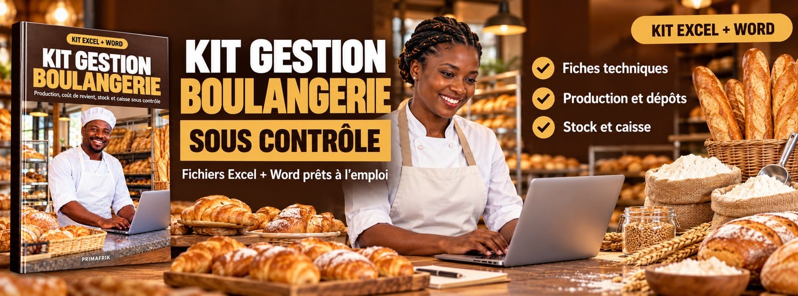 Kit Gestion Boulangerie : coûts, production, stock, caisse et dépôts sur Excel
