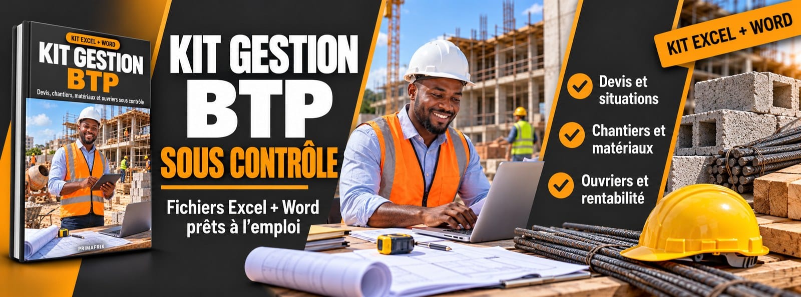 Kit Gestion BTP : devis, chantiers, situations, matériaux et ouvriers sur Excel