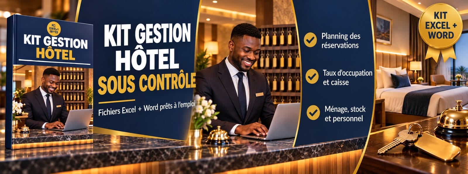 Kit Gestion Hôtel : réservations, réception, caisse, ménage et finances sur Excel