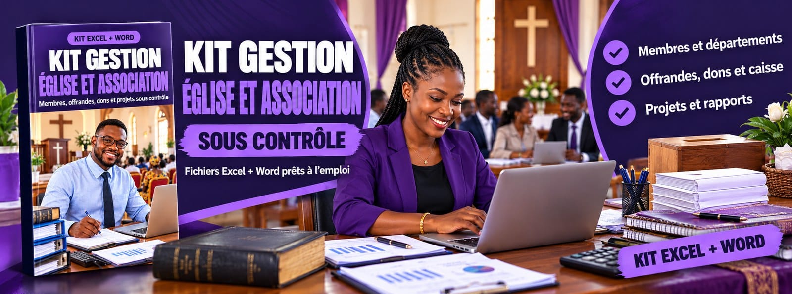 Kit Gestion Église et Association : membres, offrandes, caisse, projets en Excel