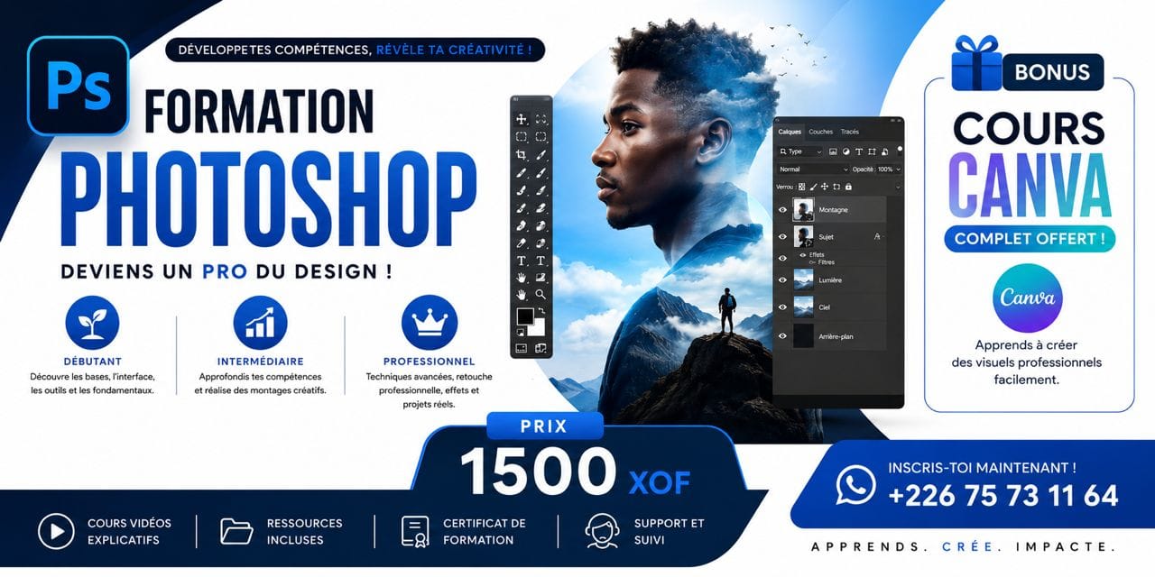 Maîtrisez Photoshop de A à Z + bonus Canva inclus