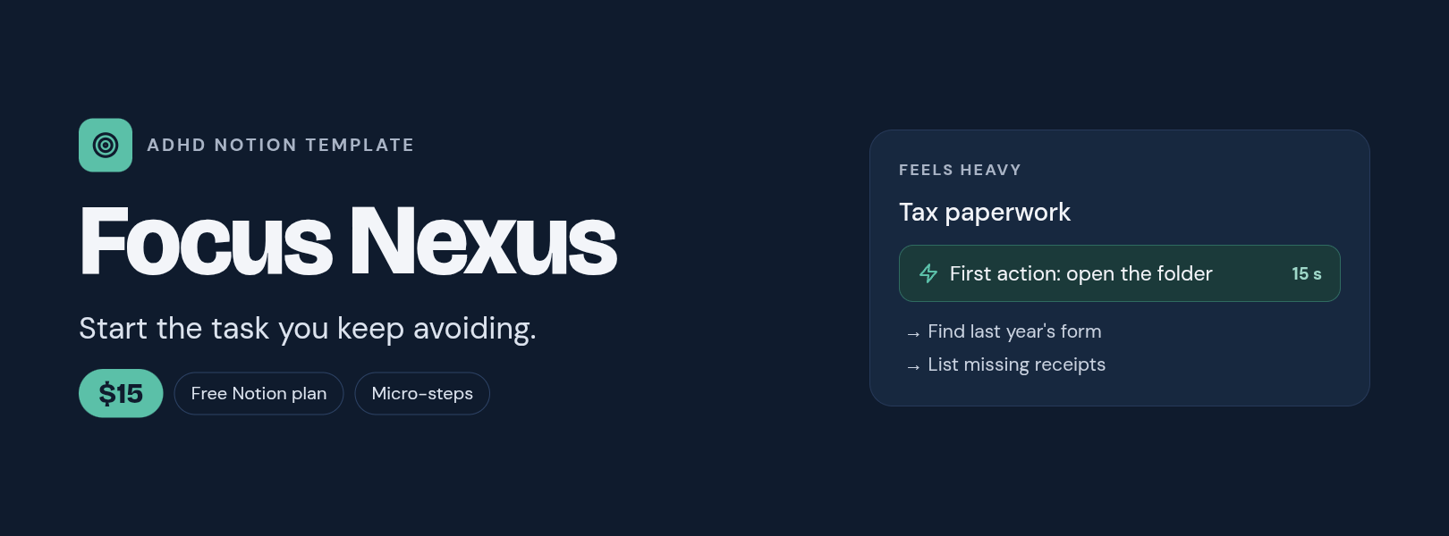 🧠 Focus Nexus — ADHD Notion Template to Start the Task You Keep Avoiding
