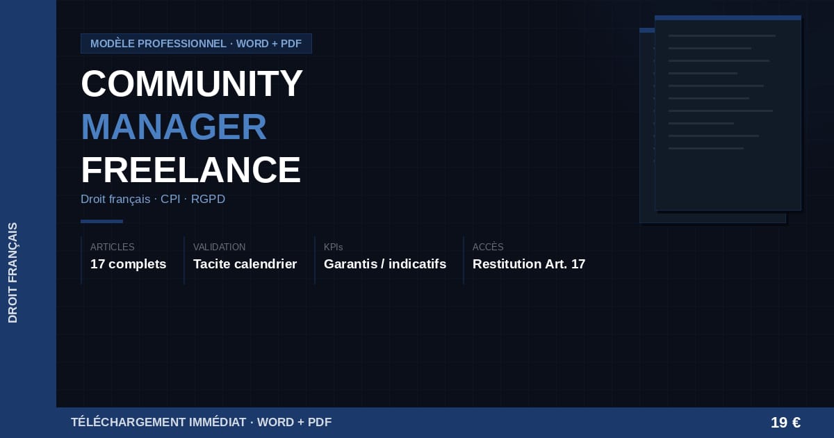 Modèle contrat community manager freelance — Droit français (Word + PDF)