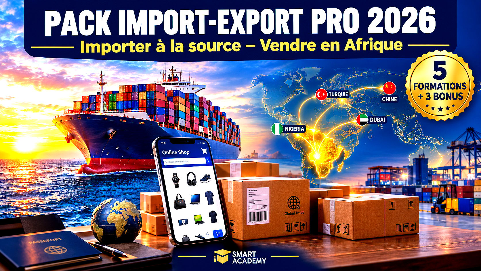 PACK IMPORT-EXPORT PRO 2026 : Importer à la source – Vendre en Afrique : 5 FORMATIONS + 3 BONUS