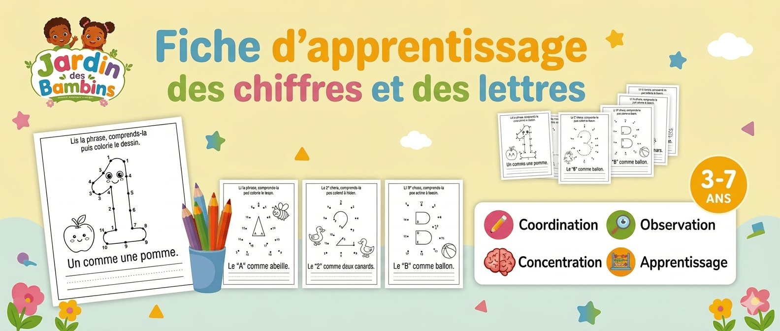Fiche d'apprentissage des chiffres et des lettres.