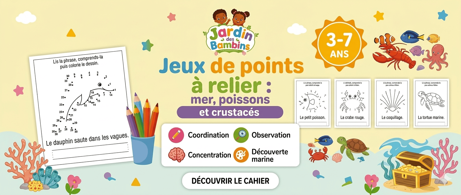 Jeux de points à relier : mer, poissons et crustacés