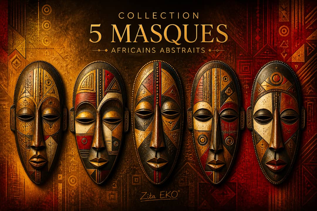 Collection Masques Africains – 5 Tableaux Abstraits, Signés Zita EKO