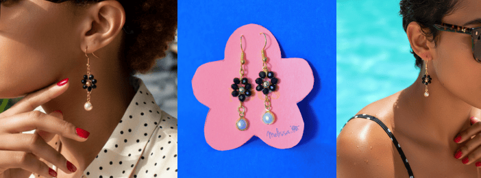Petite fleur Noire Boucle d'oreille Perle