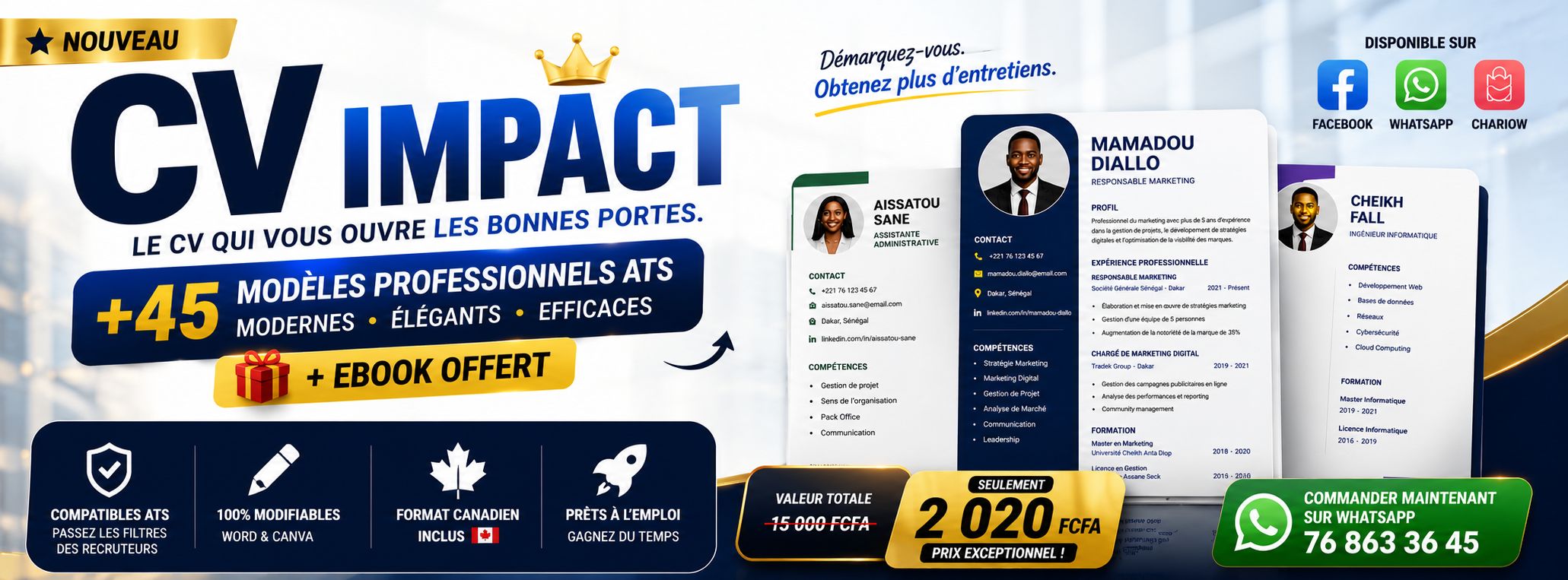 CV IMPACT™ — 45 Modèles de CV Professionnels ATS + Ebook Offert