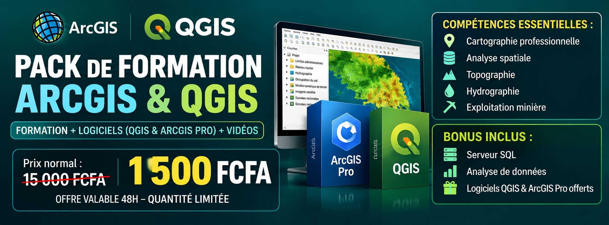 KIT COMPLET ArcGIS Pro + QGIS + ArcGIS : Formation complète + Logiciels Offerts + Guides + Projets 🎓